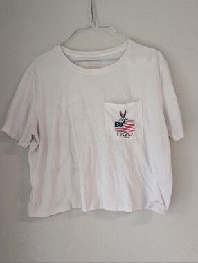 Looney Tunes Team USA T Shirt L Boxy Pocket Americana mbroidery Crop Olympics